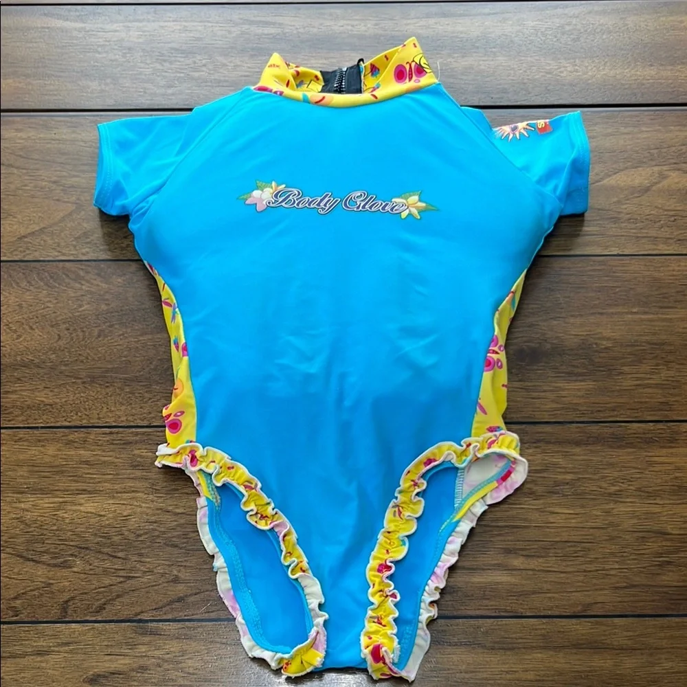 Body Glove Blue and Yellow Floral Ruffle Trim One-Piece Swim with Inserts